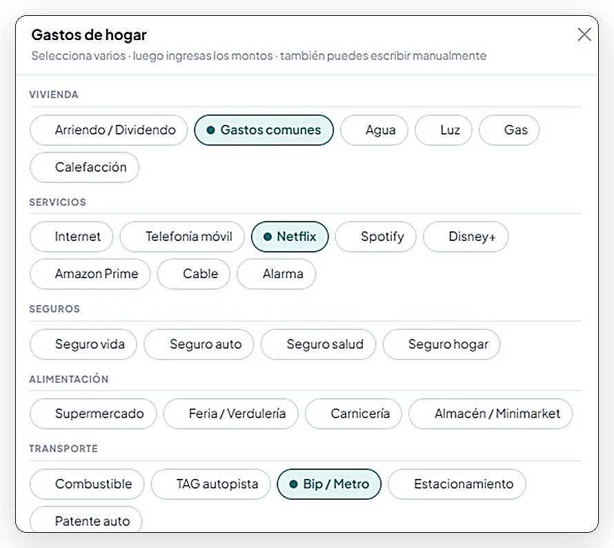 Lista de gastos de senkiu — seleccionas y listo