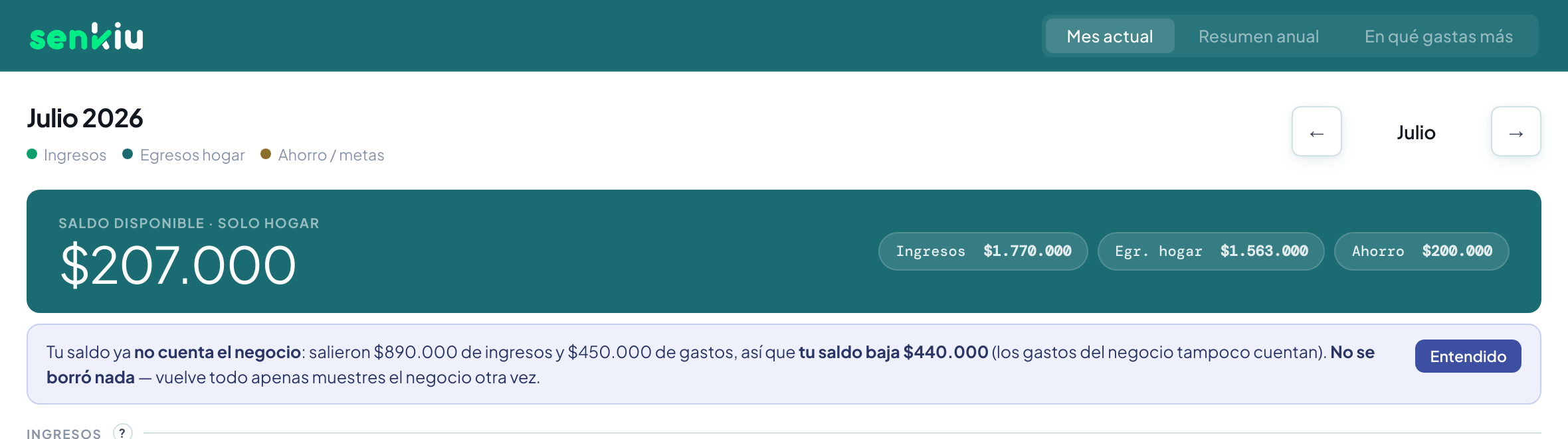 senkiu con el negocio oculto: la pantalla queda solo con los datos de la casa